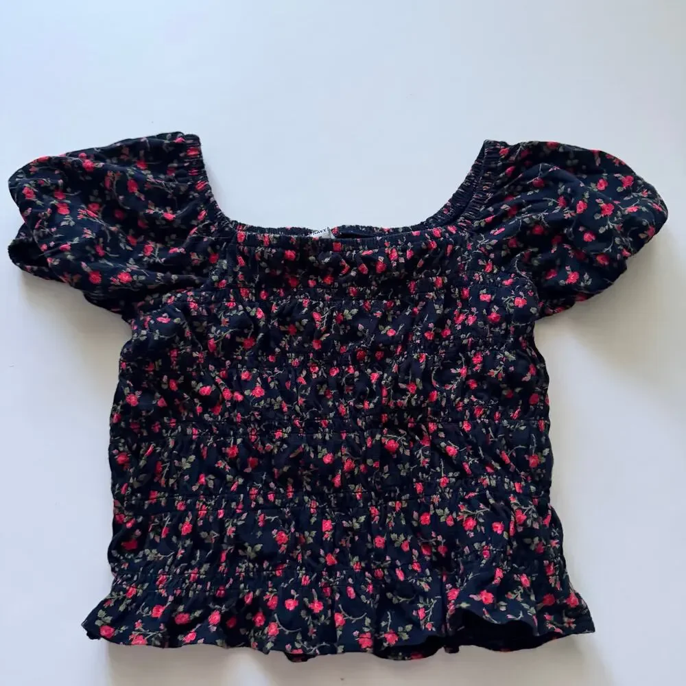 Old Navy Girls' Black Floral Smocked Puff-Sleeve Top - Size 8